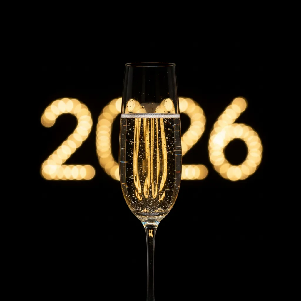 Champagne glass with glowing 2026 lights