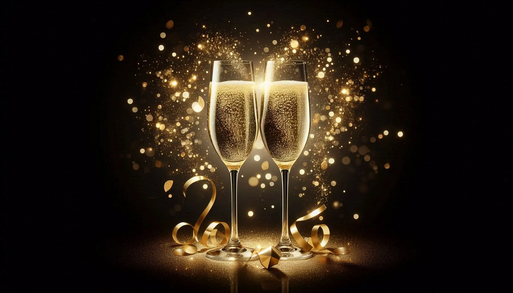 Two elegant champagne glasses surrounded by golden sparkling lights on a dark background