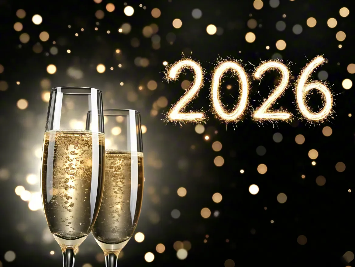 Two champagne glasses in front of glowing 2026 numbers with golden confetti