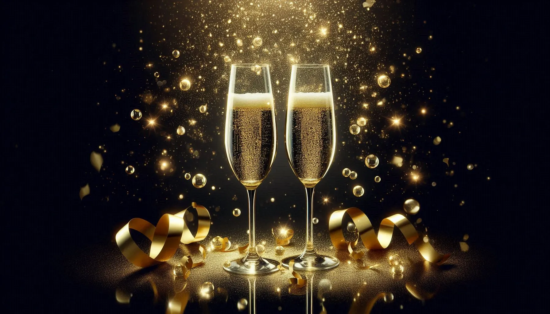 Two champagne glasses clinking over golden sparkling background