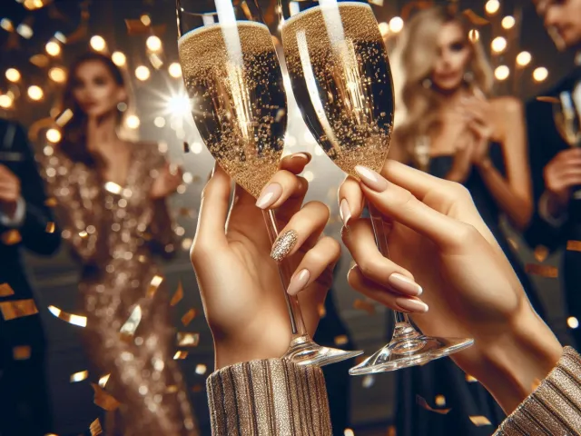 Close-up of hands clinking champagne glasses during festive event