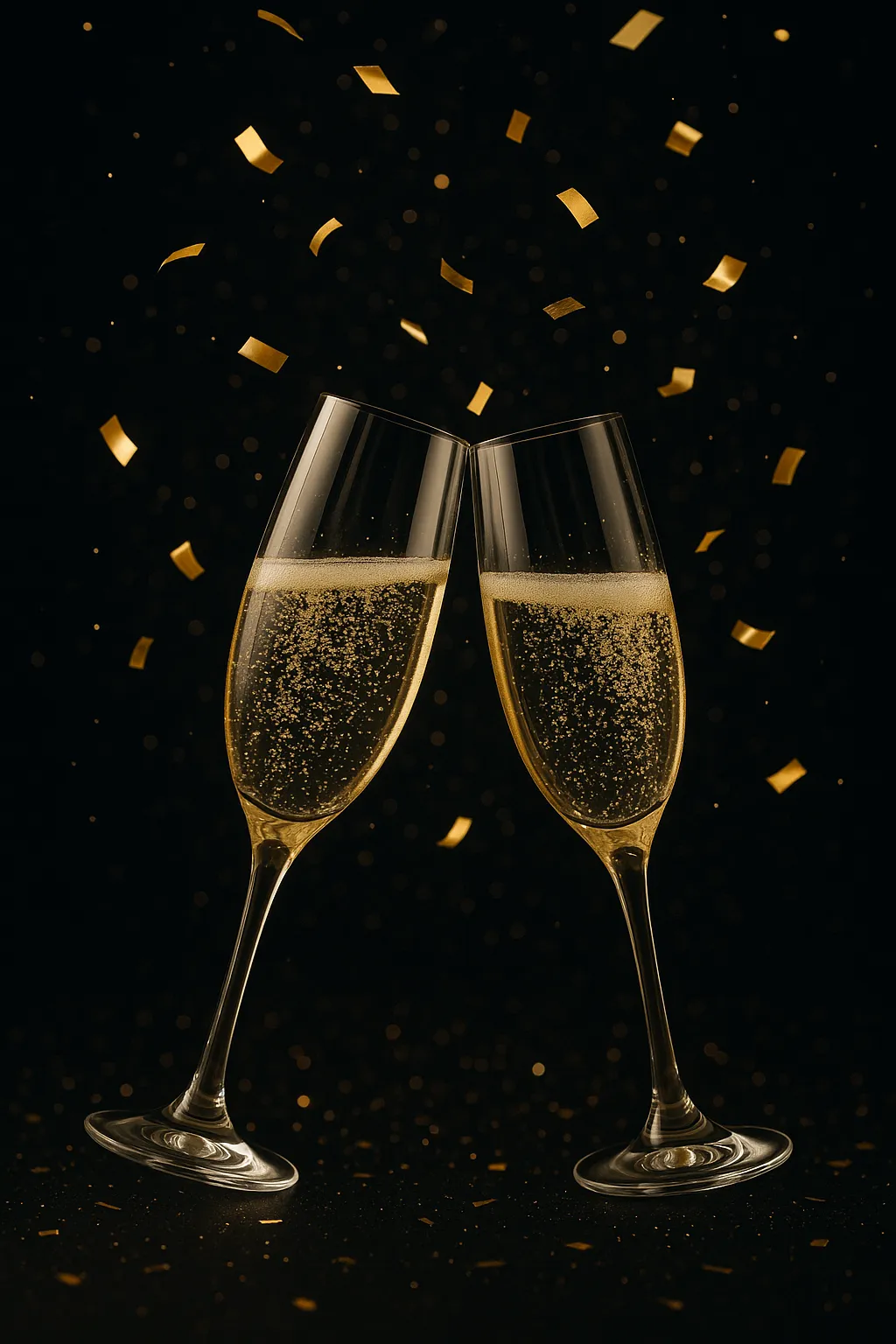 Two champagne glasses clinking against dark background with golden bokeh