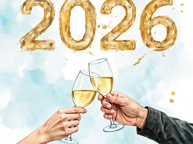 Two hands clinking champagne glasses with golden 2026 text above