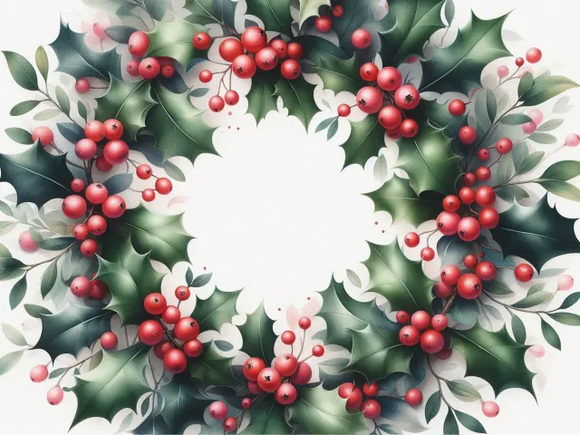Watercolor holiday wreath made of green leaves and red berries