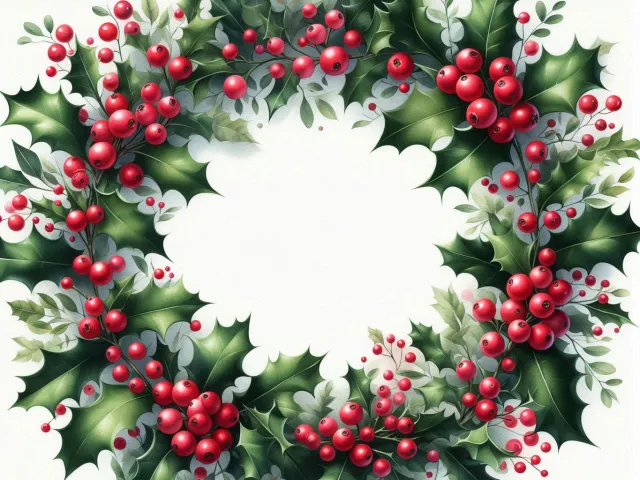 festive watercolor wreath made of red berries and green leaves on white background