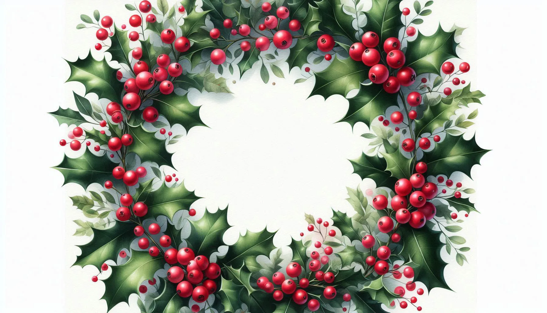 festive watercolor wreath made of red berries and green leaves on white background