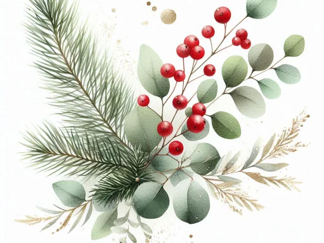 Winter botanical illustration with eucalyptus leaves and red berries