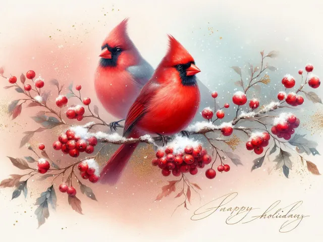 watercolor illustration of two red cardinals on snowy branches with berries