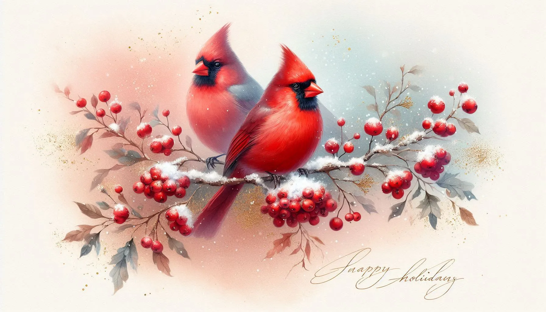watercolor illustration of two red cardinals on snowy branches with berries