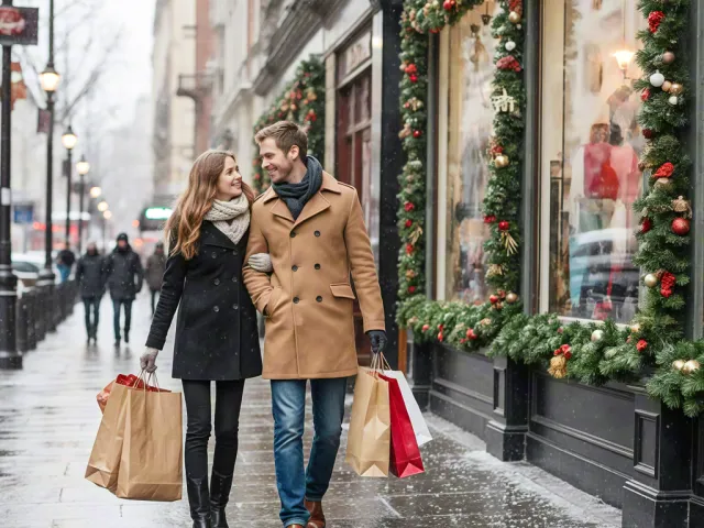 couple walking with shopping bags through decorated christmas street