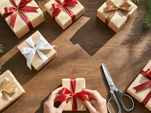 neatly arranged gift boxes with red ribbons and holiday accessories