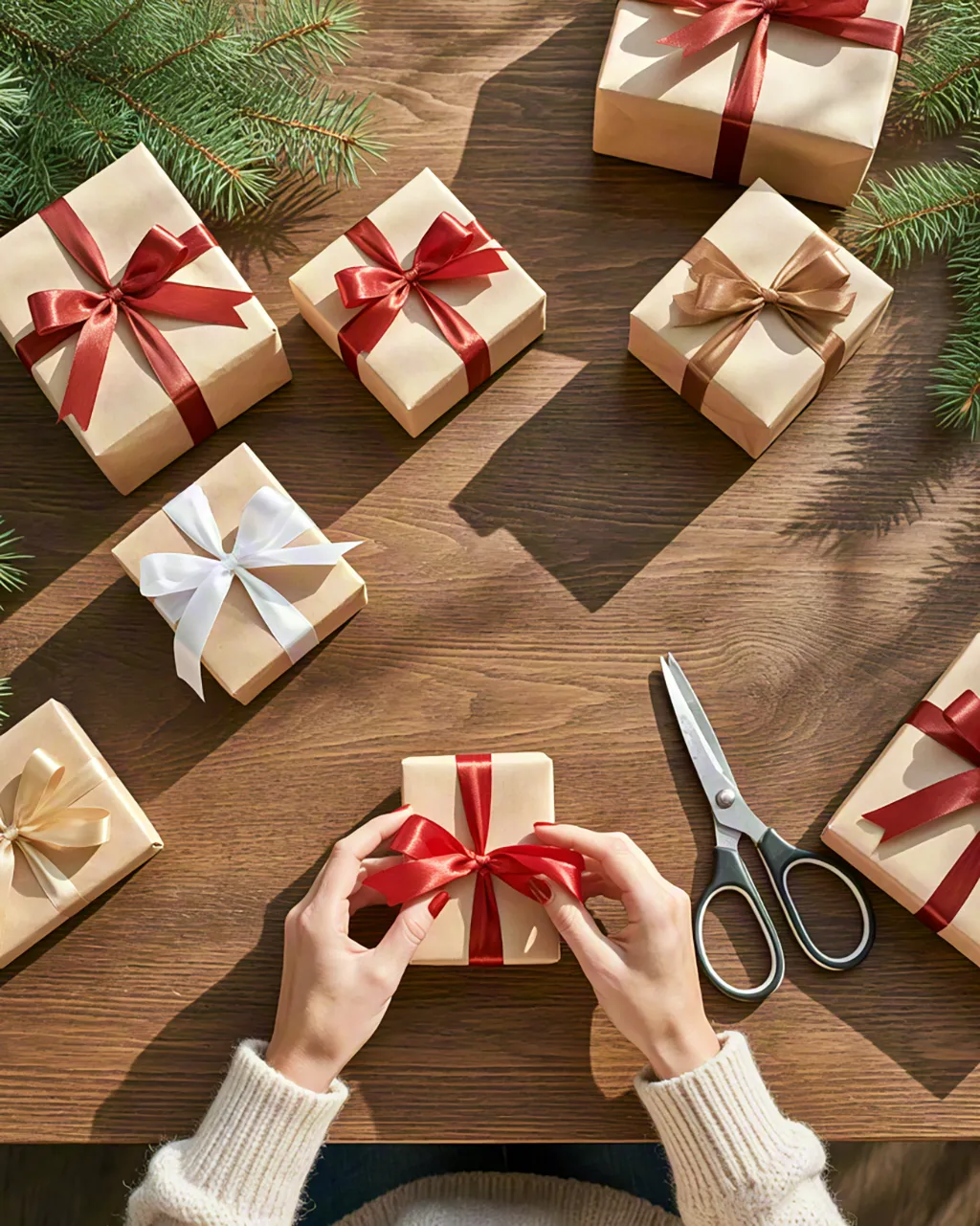 neatly arranged gift boxes with red ribbons and holiday accessories
