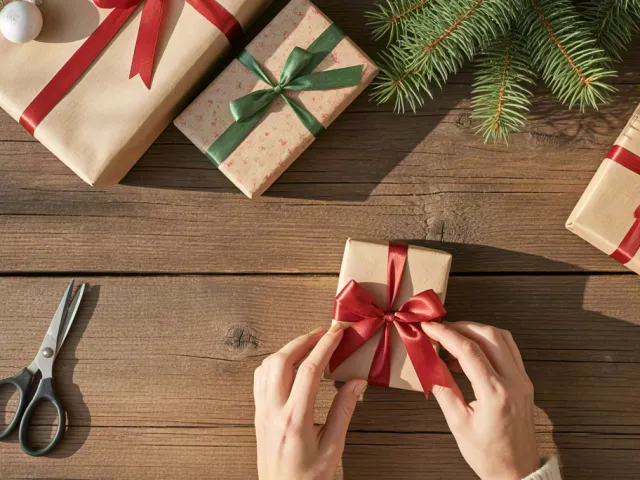 Hands wrapping presents with red ribbons on wooden table
