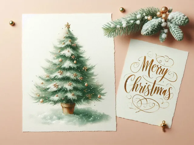 pair of christmas cards featuring watercolor tree and merry christmas text