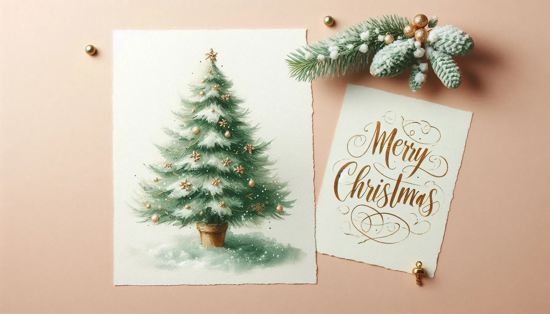 pair of christmas cards featuring watercolor tree and merry christmas text