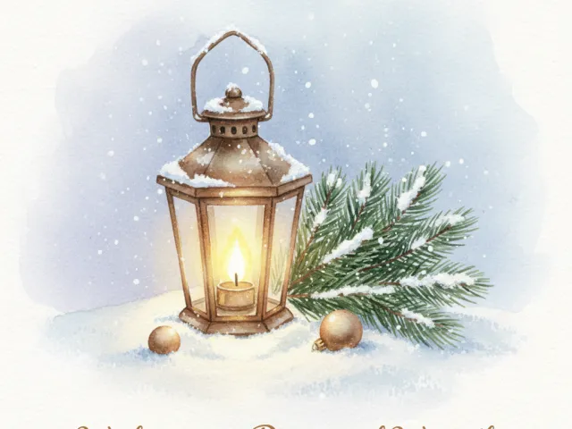 Vintage lantern glowing beside snowy pine branches on greeting card