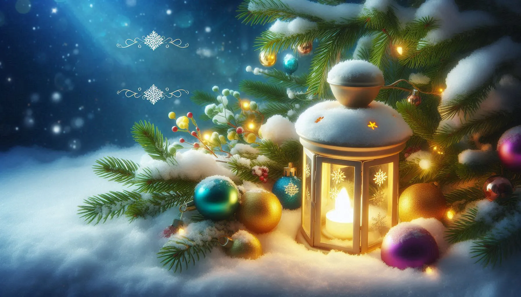 Warm holiday lantern surrounded by pine branches and colorful Christmas ornaments