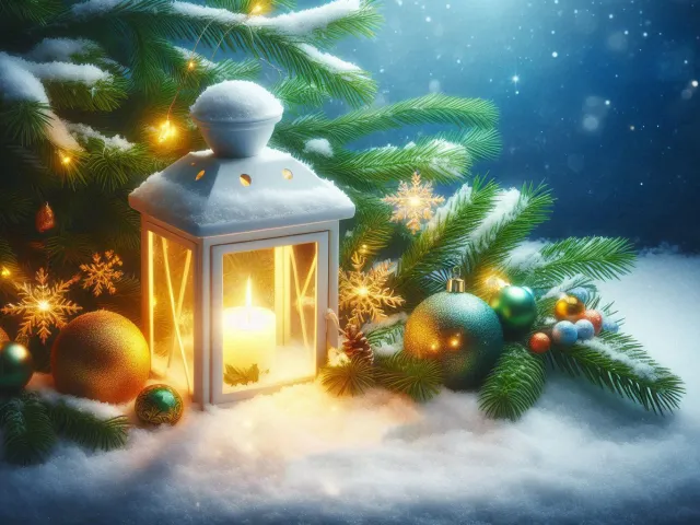 glowing lantern surrounded by pine needles and winter decorations