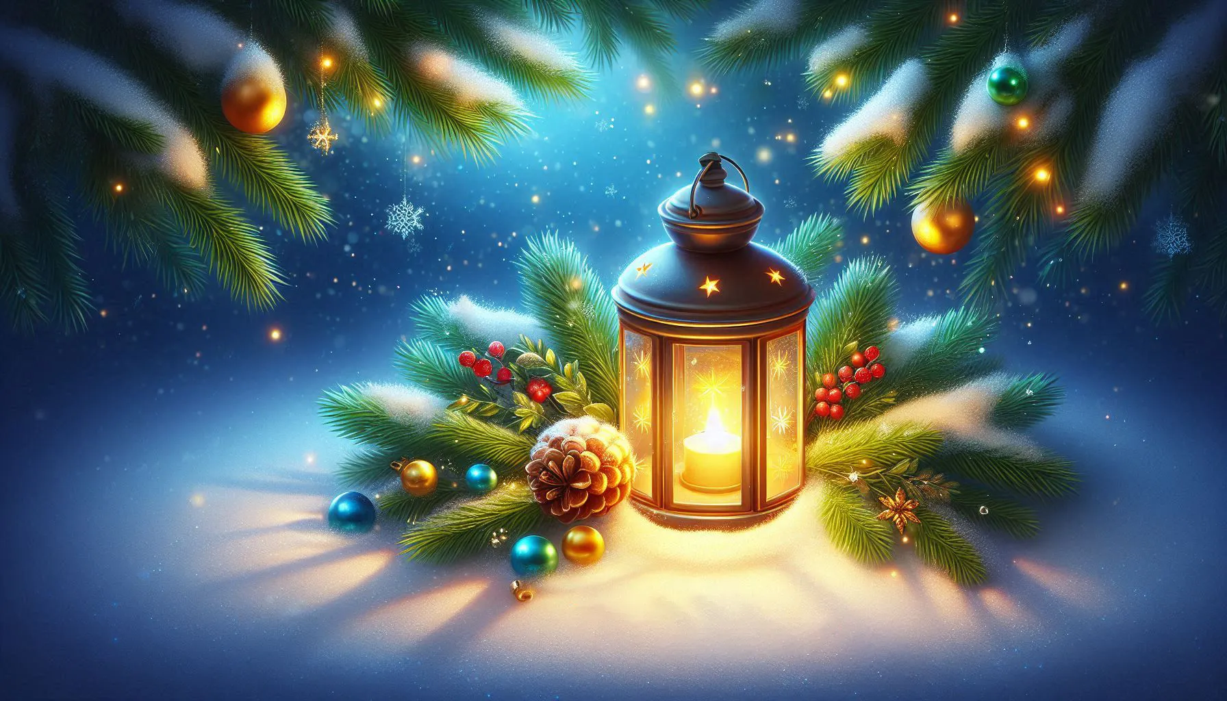 Glowing lantern surrounded by snow and colorful pine branches