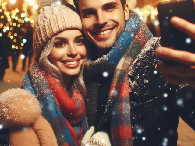 smiling couple at festive christmas market with warm lights and winter clothes