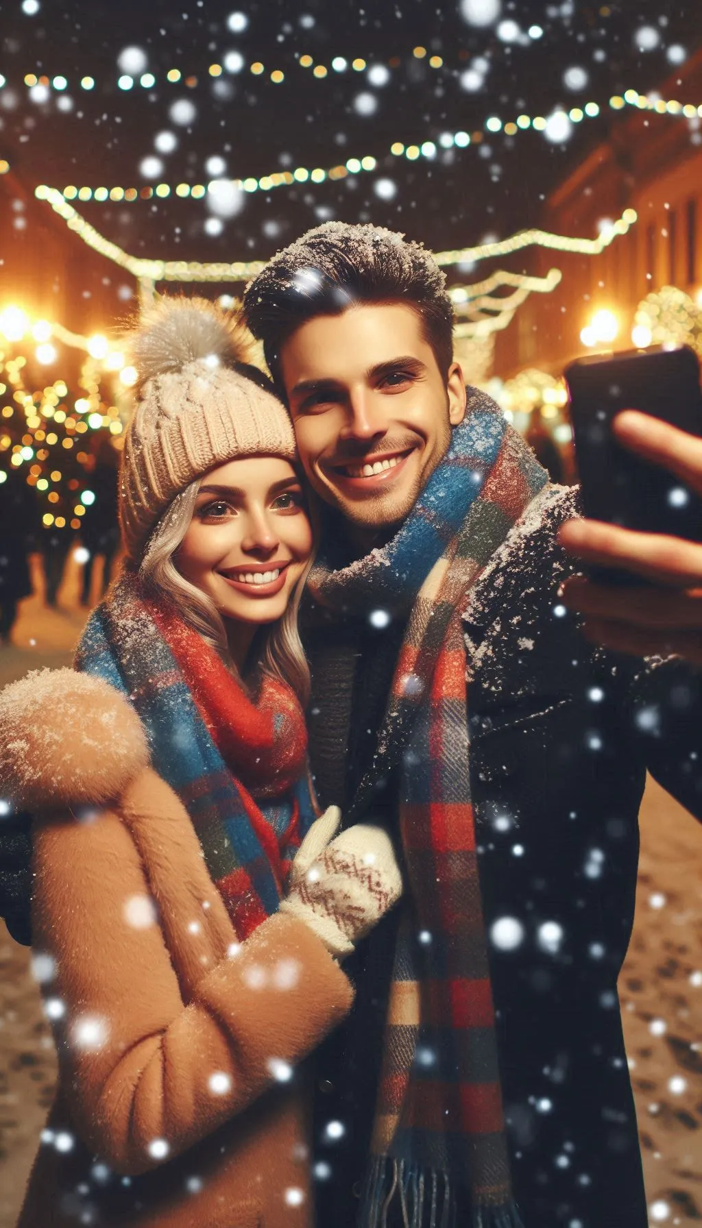 smiling couple at festive christmas market with warm lights and winter clothes