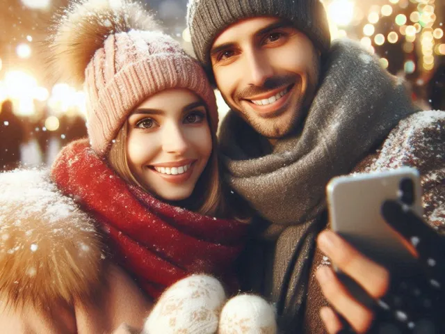 couple taking selfie at christmas market with warm winter lights