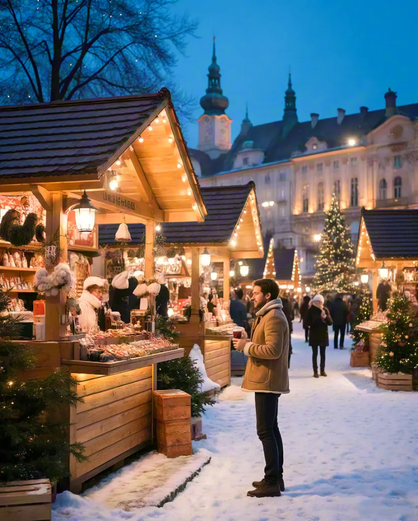 Christmas market evening in snowy city square