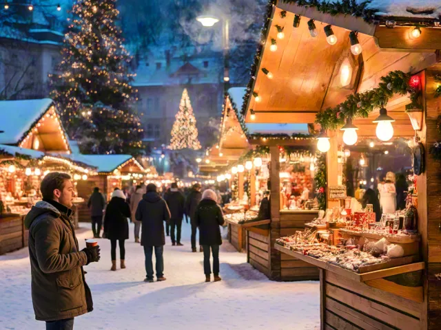 People walking through festive Christmas market with lights and decorations