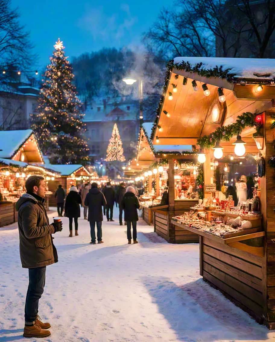 People walking through festive Christmas market with lights and decorations