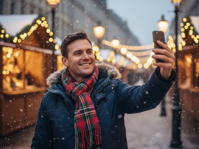 smiling man in winter coat taking selfie on festive street with lights