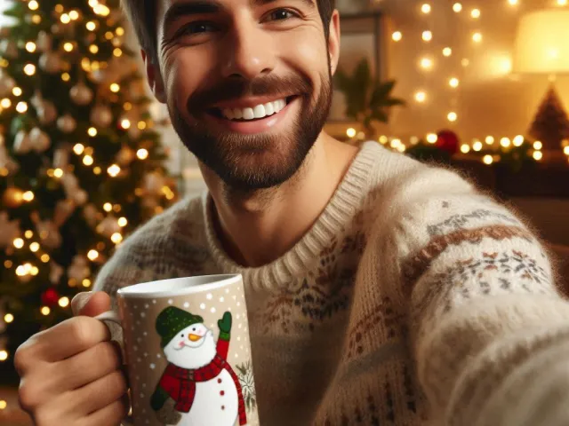 young man holding mug in cozy room decorated with christmas tree