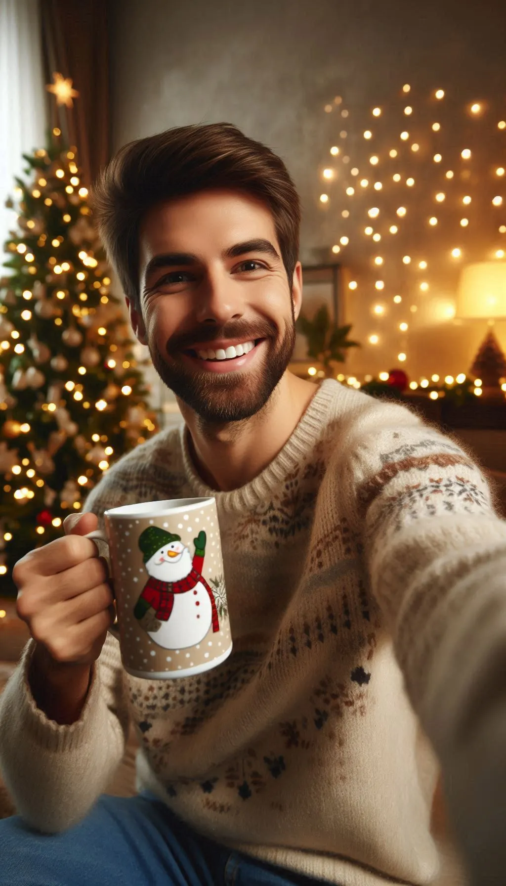 young man holding mug in cozy room decorated with christmas tree