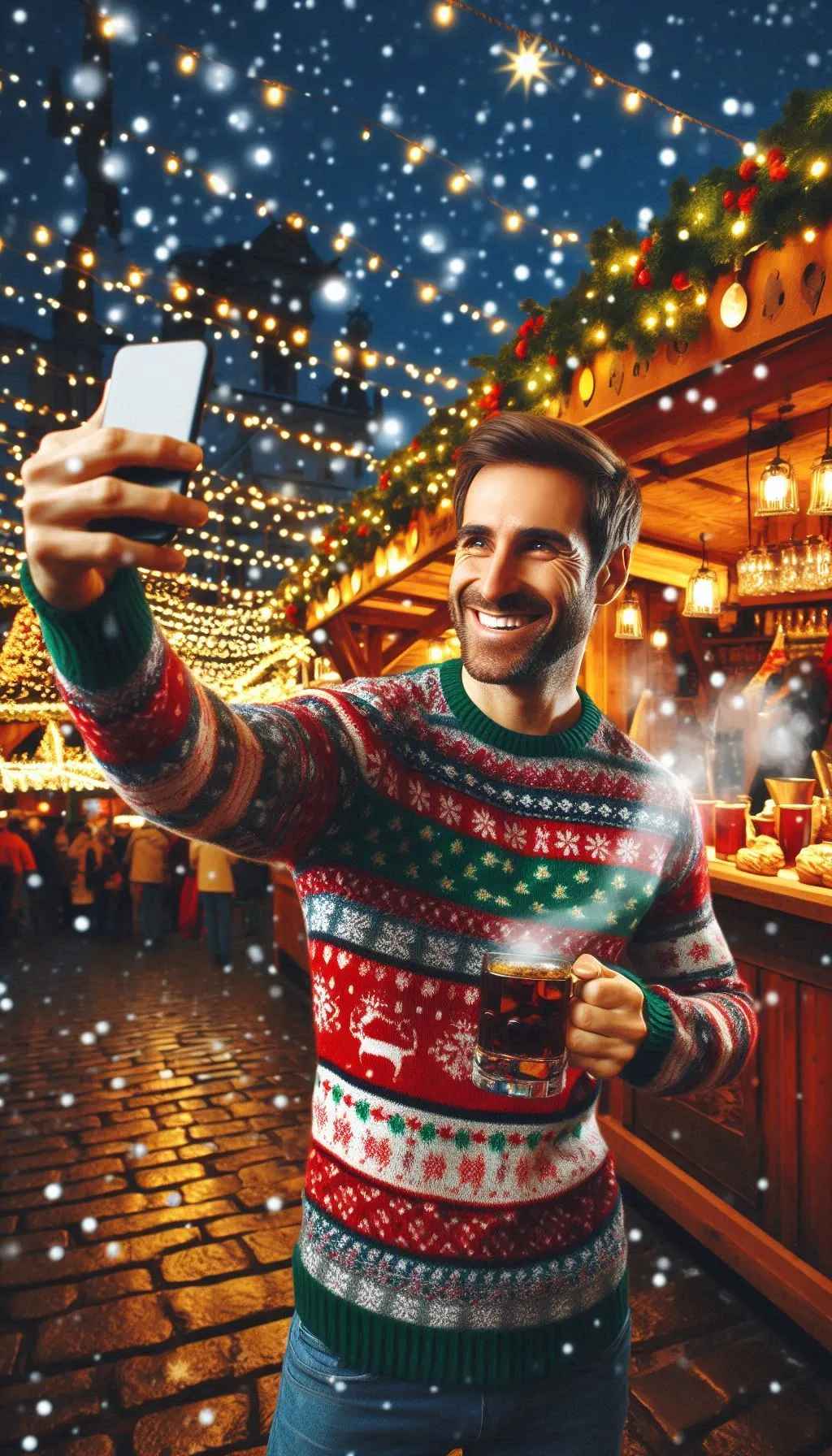 cheerful man taking selfie at christmas market wearing holiday sweater