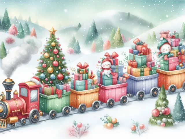 Cute colorful Christmas train riding through snowy winter scene