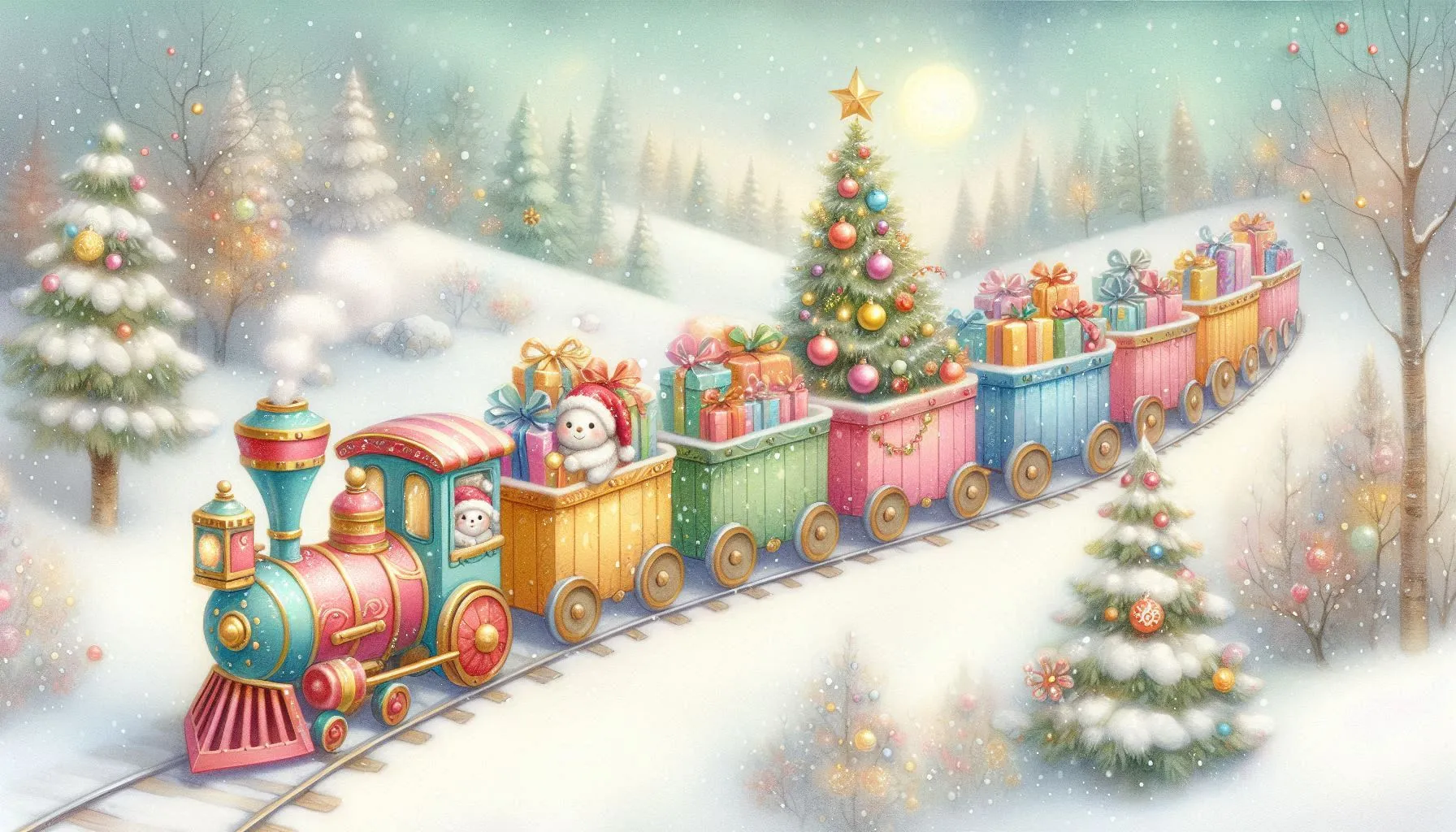 Colorful holiday train traveling through snowy village with Christmas trees