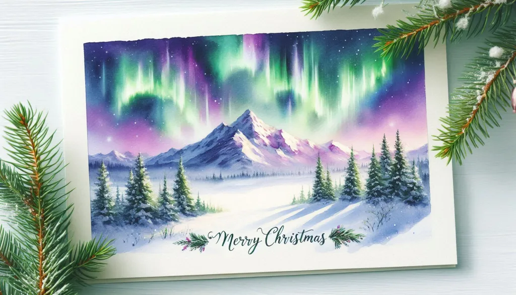 Christmas winter landscape with aurora greeting
