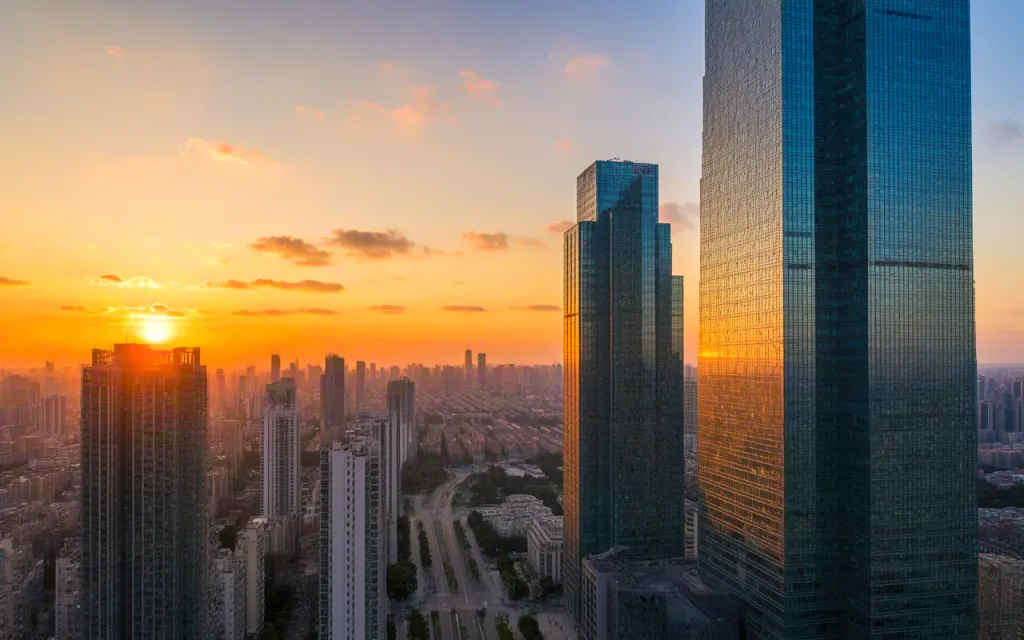 City skyline at sunrise