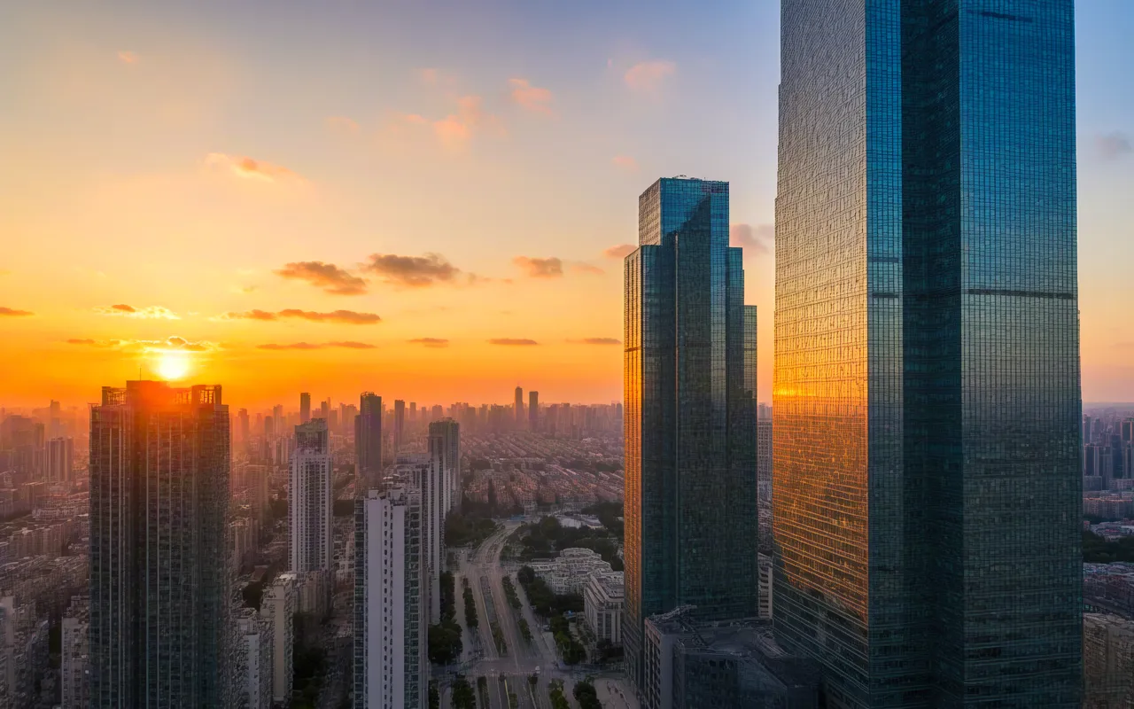 Tall buildings glowing in early morning sunlight