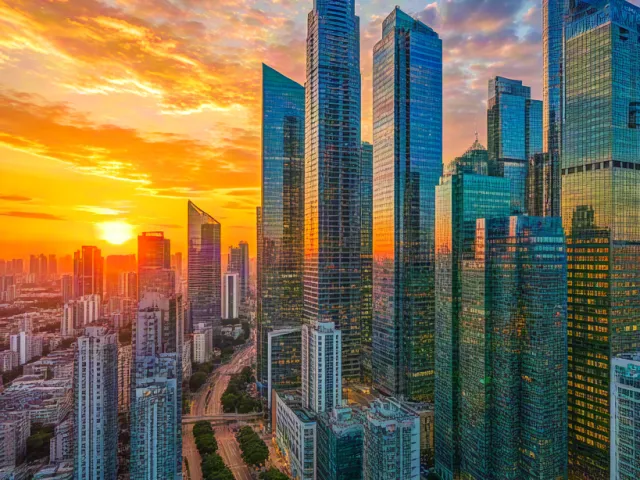 City skyline at sunset — aerial urban photography