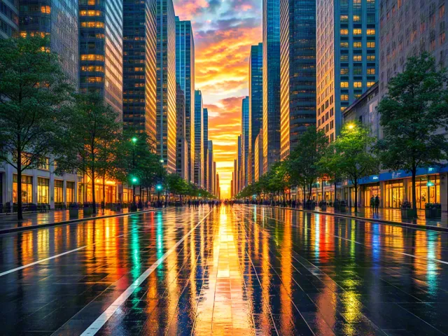 Urban street with reflections during sunset