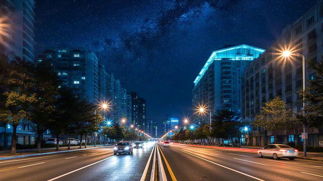 Long-exposure city road with neon lights