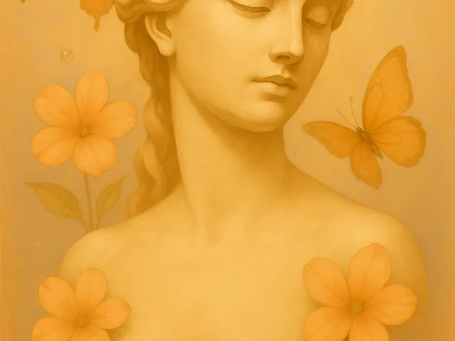 Warm-toned statue-style female bust with butterflies
