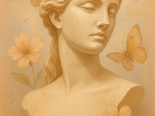 Warm-toned statue-style female bust with butterflies in a golden palette.