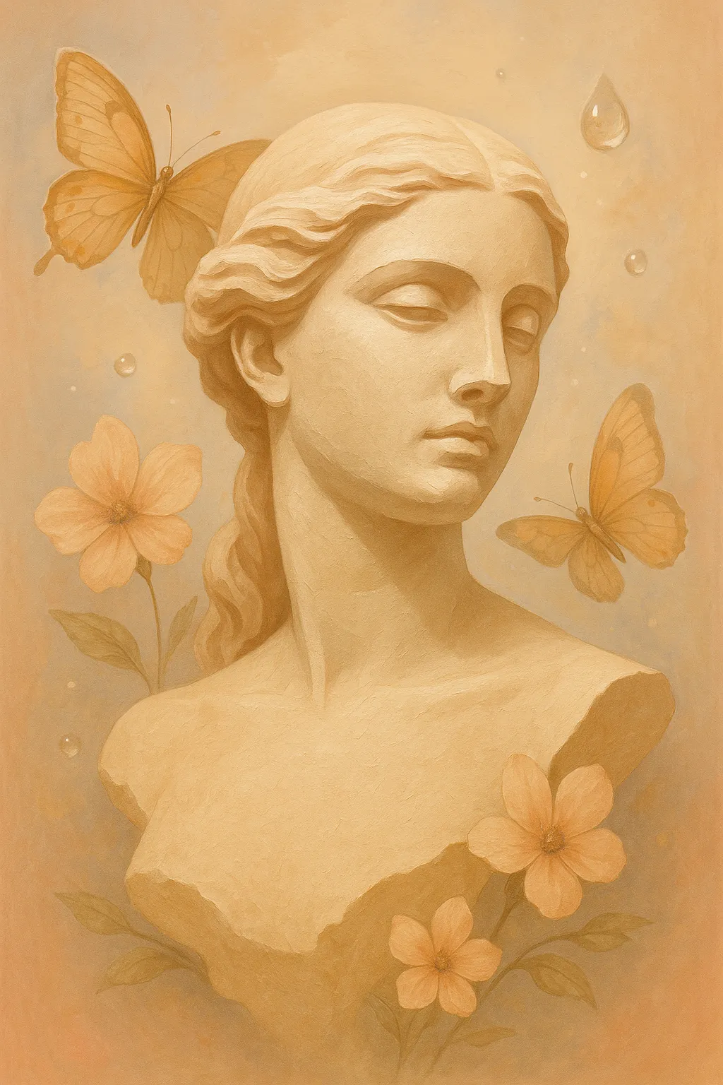 Warm-toned statue-style female bust with butterflies in a golden palette.
