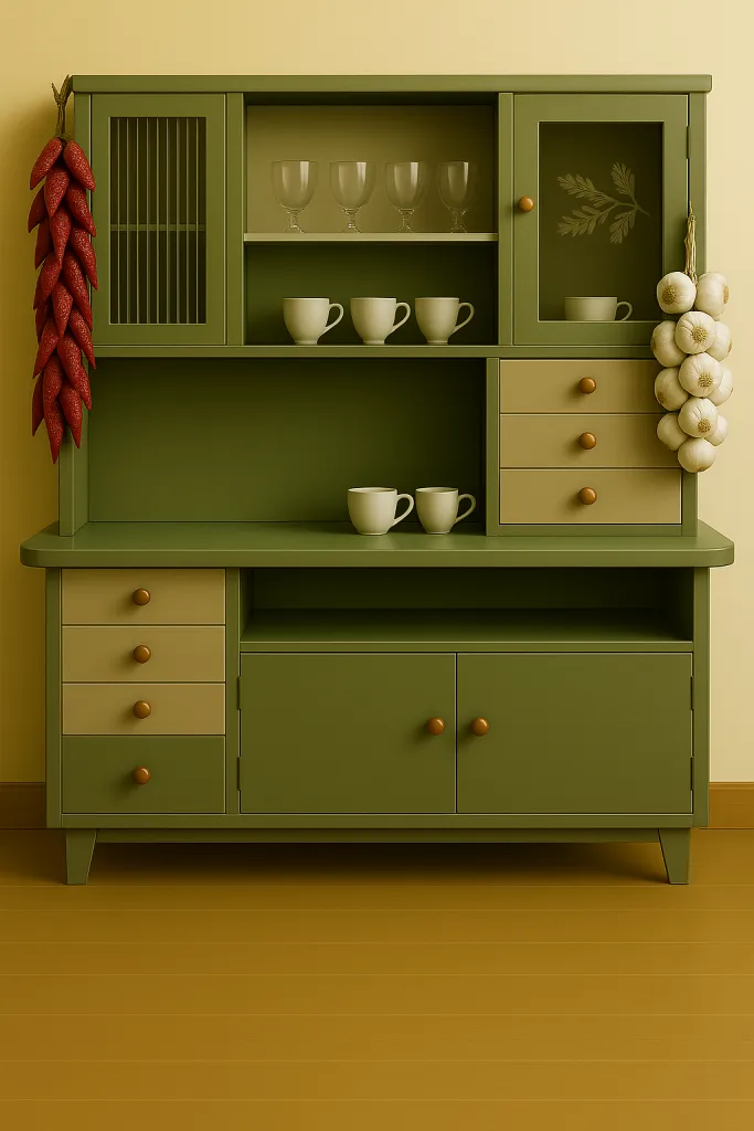 Classic green cupboard with dishes and hanging peppers