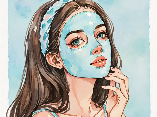 Young woman applying blue facial mask in watercolor illustration.