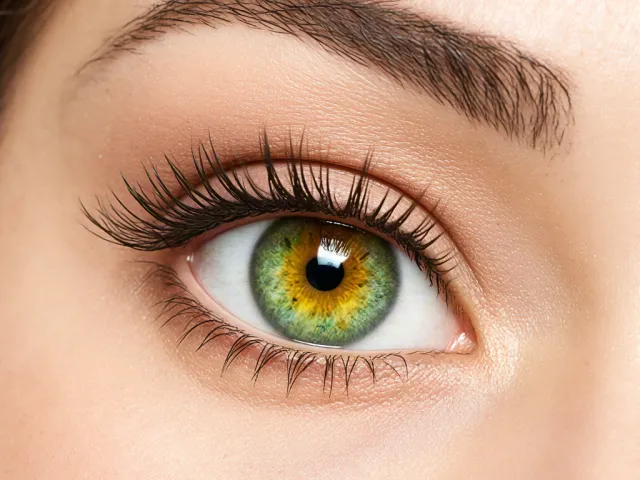 Detailed close-up of green human eye with sharp eyelashes