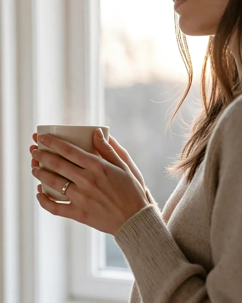 Close-up of a woman holding a warm cup of coffee