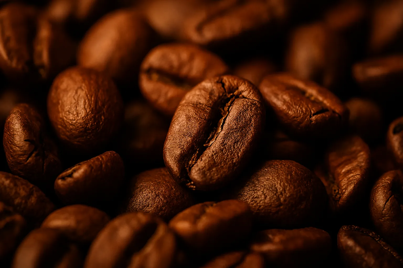 Macro shot of dark roasted coffee beans showing detailed texture and warm brown tones