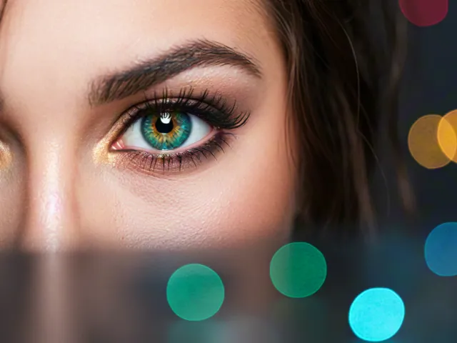 Beautiful female face with striking green eyes and colorful blurred background.
